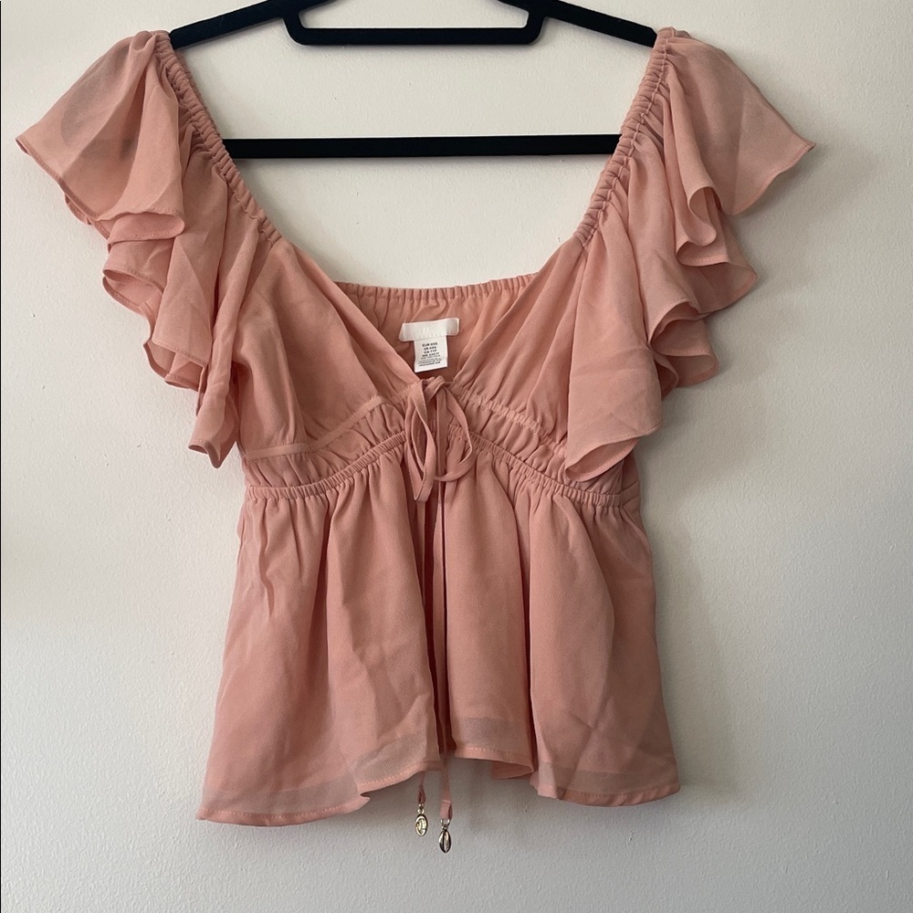 H&M|Romantic Blush Ruffle Sleeve Blouse|XXS|EUC